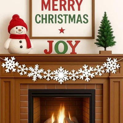 Guirnalda de copos de nieve de madera decoraciones navideñas rústicas granja invierno blanco  Foto 1 de 4