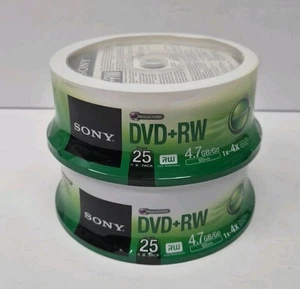 NEW! 50 pk SONY Blank DVD+RW 4x Logo Branded 4.7GB Rewritable DVD Disc 25DPW47SP - Picture 1 of 2