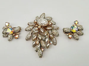 Vintage Aurora Borealis Marquise Crinkle Perle Lavagestein Schichten Brosche/Ohrringe - Bild 1 von 15