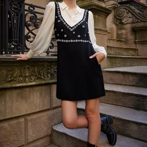 CINQ À SEPT Black Cady Silver Embellished Long Sleeve Silk Minidress Size 12 - Picture 1 of 14