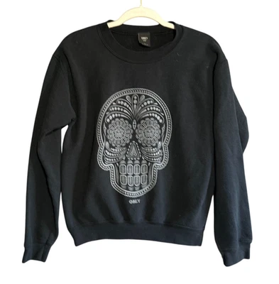 Obey Sugar Skull 图形套衫运动衫女式小号黑色长袖 — 第 1/4 张图片