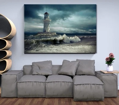 Night Lighthouse in Storm Canvas Wall art Sea Wave Ocean Wall Home Decor - Image 1 of 4