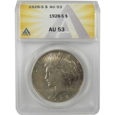 1928 S Peace Dollar AU 53 ANACS Silver $1 Coin SKU:I21512 - Image 1 of 4