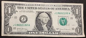 fancy serial number 1 dollar bill birthday note J19602102A (02-21-1960). - Picture 1 of 3
