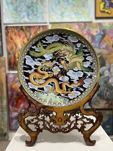 20.5" Mid Century Dragon & Rooster Cloisonne Charger on Stand 