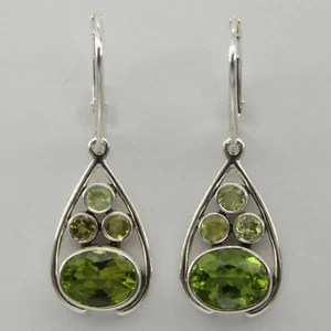 Orecchini PERIDOTO verde naturale, pera e ovale ARGENTO STERLING 925 leva #13e - Foto 1 di 3