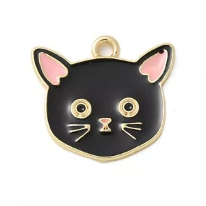 10 Lindos Dijes Colgantes en Forma de Cara de Gato Negro Tono Dorado con Detalle de Esmalte - Imagen 1 de 2