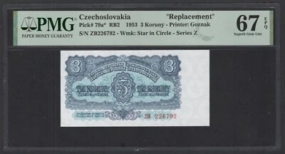 Czechoslovakia 3 Koruny 1953 P79a* "Replacement" Uncirculated Grade 67 Top Pop - Image 1 of 2
