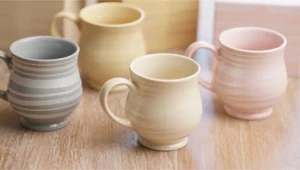Temptations By Tara Coffee Mug Cup 16oz Stripe Gift Box Yellow Gray Pink QVC NEW - Picture 1 of 27