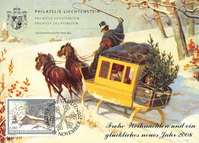 Maxi tarjeta SA28k Liechtenstein 2007 Navidad, trineos tirados por caballos DI Foto 1 de 2