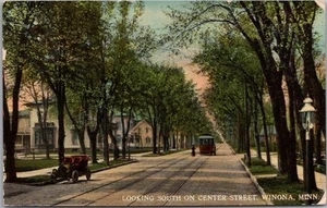 Trolley tranvía Winona Minnesota postal "South on CENTER STREET" 1913 cancelar - Imagen 1 de 2