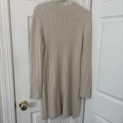 French Connection Women’s Midi Sweater Dress Cable Knit Mock Neck LS Sz XL Beige - Image 1 of 4
