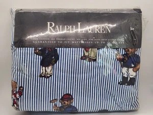 New Sealed HTF Ralph Lauren King Fitted Sheet Blue Stripe Polo Bear USA Made - Picture 1 of 14