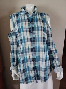 New Hype+ Blue Plaid Cold Shoulder Button Blouse Top Junior Plus 3X - Picture 1 of 9