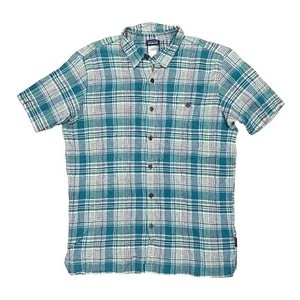 Patagonia A/C AC Lightweight Teal Blue Green Plaid Button S/S Shirt Mens Large - Picture 1 of 9