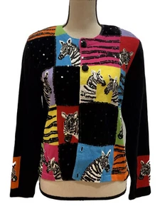 Just B Black Multicolor Cardigan Sequin Zebra Button Front Size Medium - Picture 1 of 12