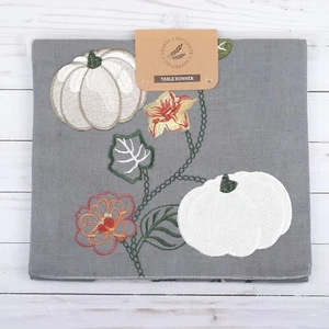 Fall Embroidered Table Runner 14x70 Rory Pumpkin Flowers Linen Blend Gray - Picture 1 of 4