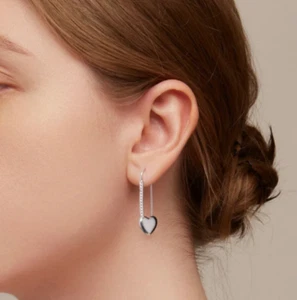 Platinum Plated 925 Sterling Silver Heart Safety Pin Hoop Earrings Lab Created - Picture 1 of 5