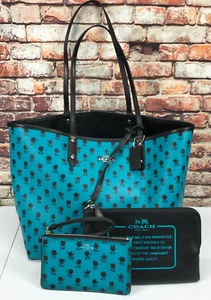 COACH Badlands Turquois /Black Reversible City Tote w/ Attached Wristlet Clutch - Picture 1 of 11