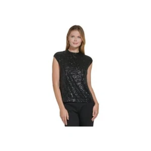 Calvin Klein Sequin Cap Sleeve Top Women's Large Black Back Zip Closure - Picture 1 of 15