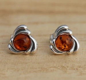 Cognac Baltic Amber 925 Sterling Silver Stud Earrings Jewellery - Picture 1 of 3