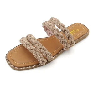 Women's Glitter Braided Strap Slide Sandals Double Band Flat Slip-On Summer Shoe - Picture 1 of 11