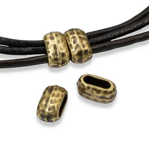 4 Antique Brass Hammered Barrel Beads - Large 6x2mm Hole - Crimp for Leather - Picture 1 of 6