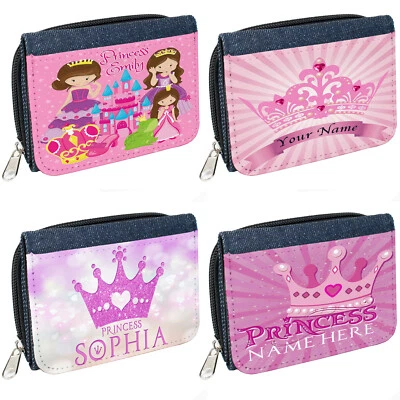 Personalised Girls Purse Princess Denim Coin Wallet Birthday Gift Castle Tiara - Image 1 of 4