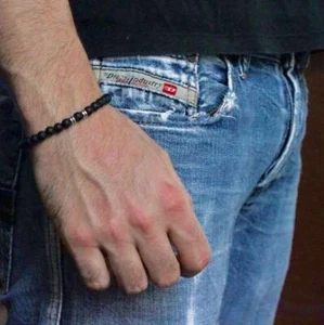 Bracciale con Perle 6mm Nero opaco e Argento da Uomo Donna Elastico braccialetto - Foto 1 di 2