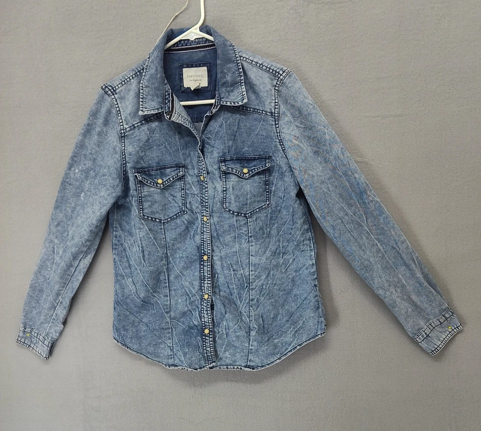 Forever 21 Denim Shirt Womens Large Blue Snap Button Western Casual Long Sleeve - Image 1 of 4