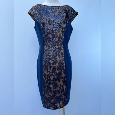 JS Collections Navy Gold Floral Lace Sheath Dress Sleeveless Cocktail Size 10 - Image 1 of 4