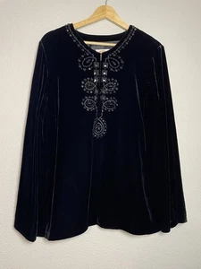 Talbots Women Black Velvet Evening Blouse Silk Blend Black Bling Lined Size 14 - Picture 1 of 8