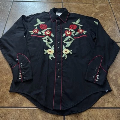 Rockmount Ranch Wear Mens Medium Black floral Embroidered Western Shirt 6820 - Image 1 of 4