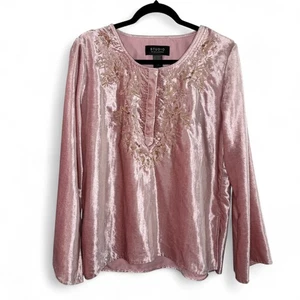 Liz Claiborne rosa Samt Tunika Top L Boho Fairycore Whimsy Glam bestickt - Bild 1 von 10