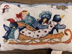 "Tapiz decorativo vintage de Navidad almohada pingüino trineo trineo 13" X 18""" - Imagen 1 de 5