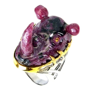925 Sterling Silver Ring Ruby Carvings 30x24mm Sapphire Natural Gemstone Size 8 - Picture 1 of 14