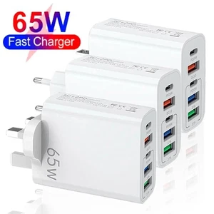 65W PD Fast Quick charge UK 3 Pin Mains Wall Charger USB A USB Type C Plug - Picture 1 of 9