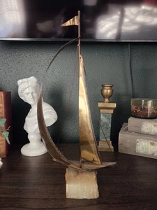 Curtis Jere Brass Sailboat Sculpture on Stone Base Signed, Mid Century Art 15" - Picture 1 of 10