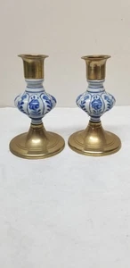 JEHVANI THAILAND BLUE FLORAL BRASS TAPERED CANDLE HOLDERS 4"  - Picture 1 of 5