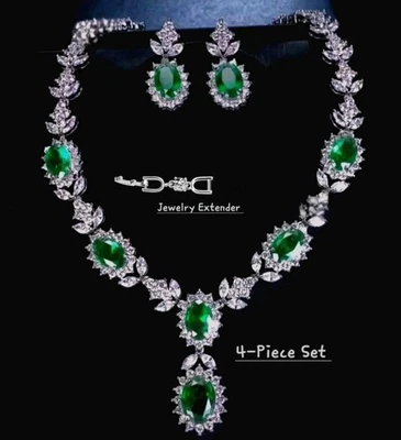 18k White Gold Plated Oval Emerald Green Charm Jewelry Set Lab-Created Swarovski - Image 1 of 4