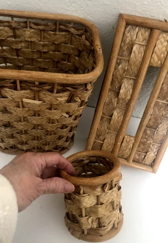 Vtg Set 3 BATHROOM Bamboo WICKER Woven Waste Basket TRASH CAN TISSUE Glass Cup a Cover