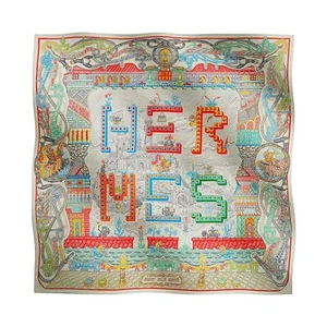 Bufanda Hermes Super Silk Quest 90 Argent y sarga de seda coral - Imagen 1 de 12