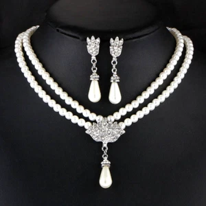 Silver Crystal And Pearl Sparkling Rhinestone Wedding Prom Necklace Earring Set - Picture 1 of 12