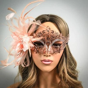 Rose Gold Masquerade Masks with Feathers Masquerade Ball Prom Halloween Mask - Picture 1 of 6
