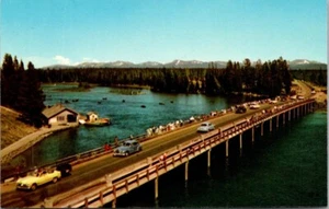 WY Wyoming Fishing Bridge Yellowstone Lake National Park Chrome Postcard Cars - Picture 1 of 2