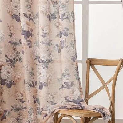 Cortinas estilo vintage marrón floral lino semi transparente texturizadas 52x84 (2) de Suouo Foto 1 de 4
