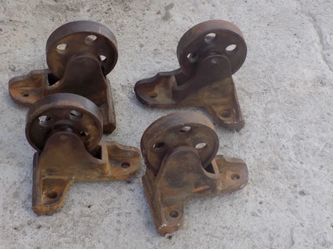 SET 4 VTG CAST IRON WAREHOUSE CART WHEELS FURNITURE DOLLY RE PURPOSE Cover