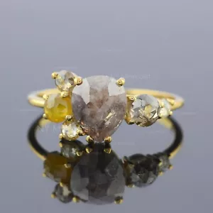 Natural Cluster Salt & Pepper Diamond Solid 14K Yellow Gold Fine Engagement Ring - Picture 1 of 15
