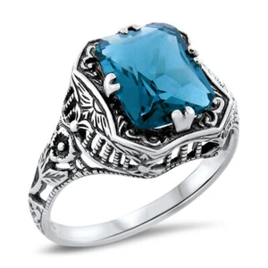 ANTIQUE DESIGN RING 925 STERING SILVER SIMULATED LONDON BLUE TOPAZ #1285 - Bild 1 von 3