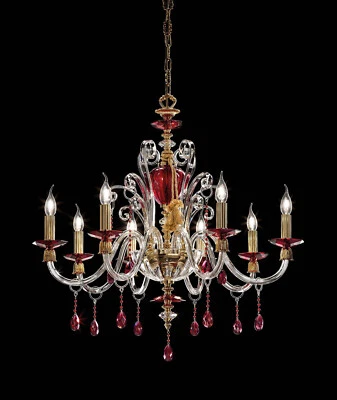 Lámpara de araña clásica de cristal rojo y latón con 8 luces de lujo M055 Swarovski Foto 1 de 2
